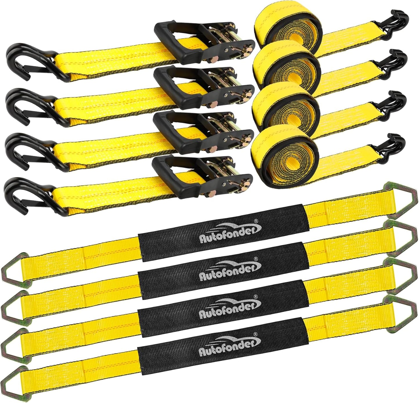 Car Tie Down Straps for Trailers 2inch x10ft - J Hooks with Safety Clips(10,000 Lbs Break Strength)-4 Pack Heavy Duty Vehicle Hauler Strap Tire Ratchet Straps with Axle Straps for Truck Utv Trailer