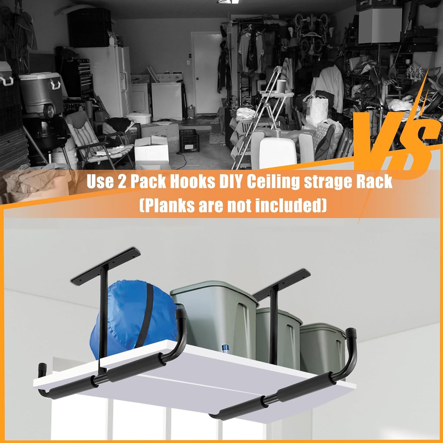 Sinoer Garage Storage Hooks Rack Ceiling,Wall Mounted Hooks, Heavy Duty Utility Hanger for Ladder,Hose Pipe,Wood, Tools & Other Bulky Items (2 Pack, Black)