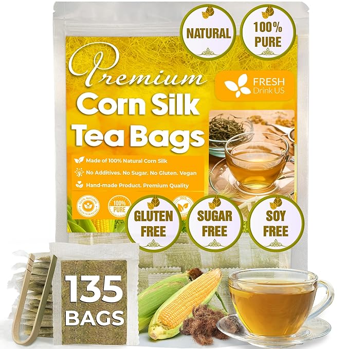 FreshDrinkUS, Premium 135 Tea Bags Corn Silk Tea, 100% Natural & Pure from Corn Silk. Corn Silk Herbal Tea. Clean Ingredients. Made with Natural Material Tea Bags. No Sugar, No Caffeine, Vegan.