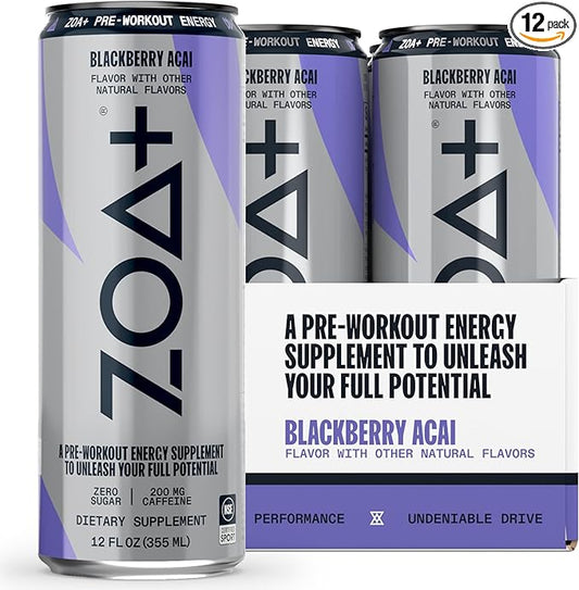 ZOA+ Pre-Workout Energy Drink Supplement - NSF Certified for Sport with Zero Sugar, Nitric Oxide Support, B & D Vitamins, Amino Acids, and Electrolytes (BlackBerry Acai)