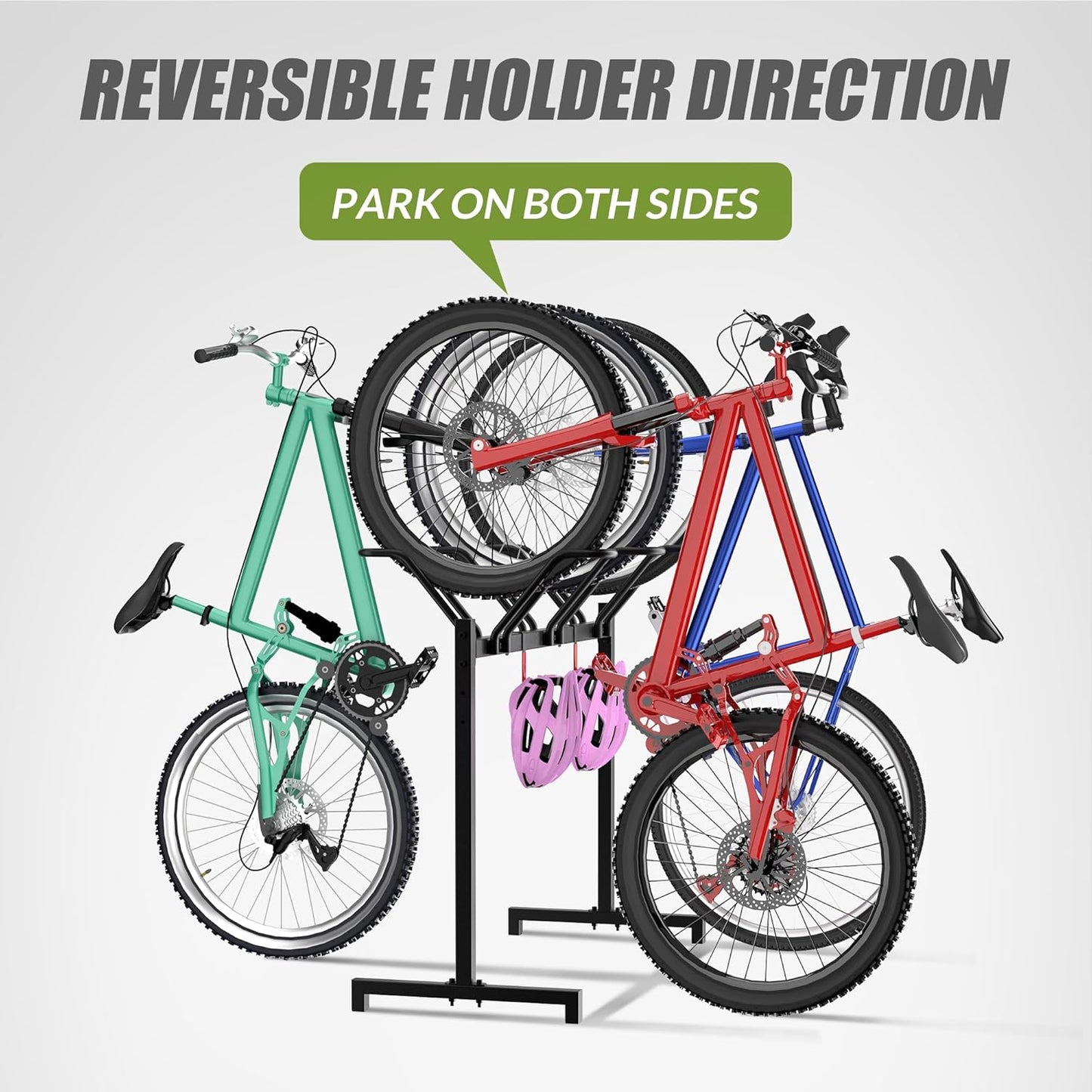 3 Bikes Floor Stand, Adjustable Bicycle Parking Rack with Hook for Garage, Indoor, Outdoor, Metal Cycle Storage Organizer Rack for Mountain, Road and Kids Bikes, Max Tire Width 2.5”, Black