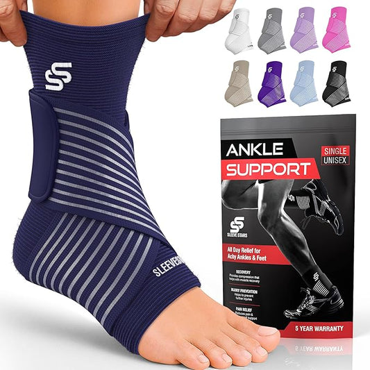 Sleeve Stars Ankle Brace for Women & Men, Ankle Wrap for Sprain, Compression Sleeve for Plantar Fasciitis Relief, Easy Customizable Support: w/ Removable Strap (Single/M:10"-12"/Navy Blue)