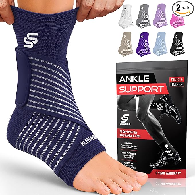 Sleeve Stars Ankle Brace for Women & Men, Ankle Wrap for Sprain, Compression Sleeve for Plantar Fasciitis Relief, Easy Customizable Support: w/ Removable Strap (Pair/M:10"-12"/Navy Blue)