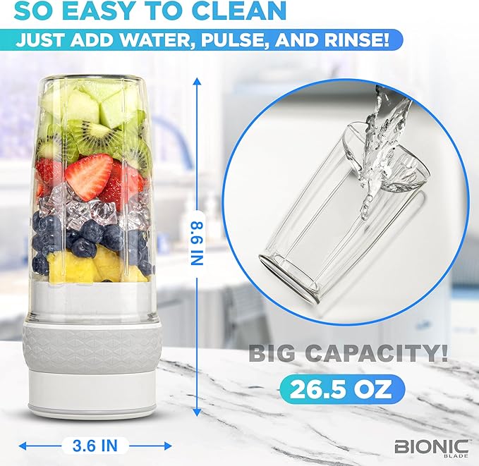 Bionic Blade Personal Blender 26.5 oz, with Extra Shaker and Lid, Cordless, Air Tight, Rechargeable 18,000 RPM Portable Blender for Shakes, Smoothies, Juice and Sauces 8.6”