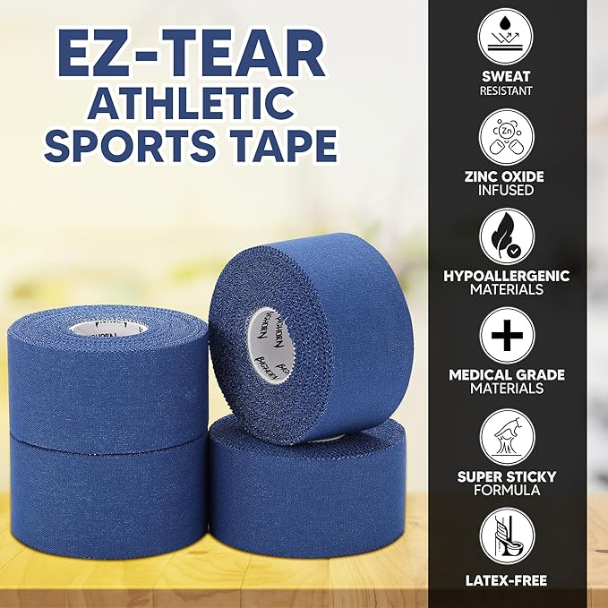 Bighorn Athletics Sports Tape | EZ-Tear Blue Athletic Tape for Wrist, Ankle & Foot Support | Zinc Oxide Infused & Latex-Free Adhesive, Breathable Cotton Fabric, 1.5-Inch x 45-Feet, 4 Rolls, Blue