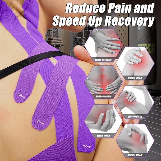 CKeep 4 Rolls Kinesiology Tape, Original Cotton Elastic Athletic Tape, 20 Precut 10" Strips Each, Purple, Ideal for Muscle Support & Injury Prevention