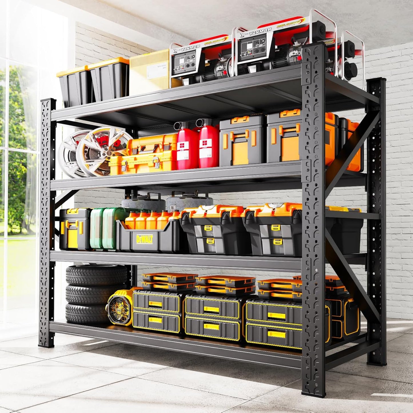 48''W Garage Shelving Heavy Duty, Metal Garage Shelves, 7000LBS Storage Shelves 4 Tier Adjustable Steel Shelving Units, Wide Industrial Shelving Storage Rack for Warehouse, Basement,Black