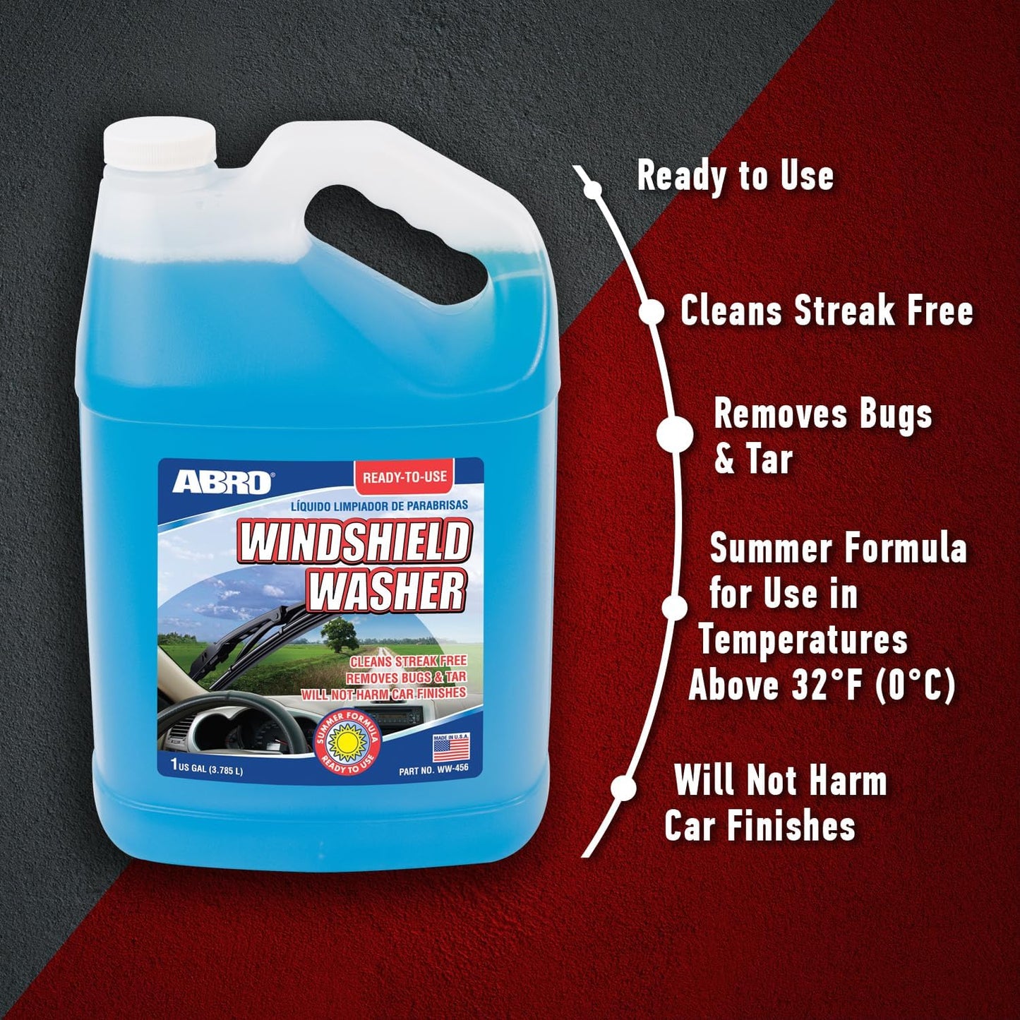 ABRO Car Windshield Cleaner Ready to Use Formula - 1 Gallon, Pre-Mixed, Delivers Streak-Free Cleanliness, Removes Bugs & Tar