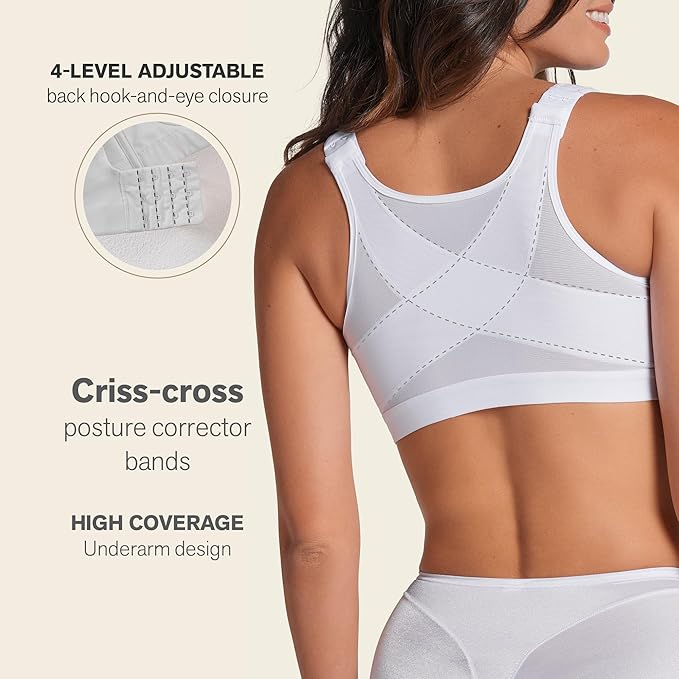 Leonisa Women's Posture Corrector Wireless Back Support Bra, White, 38C