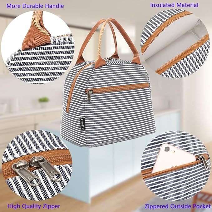 FlowFly Insulated Lunch Cooler Bag - Tote Bag Organizer for Women/Men, White&Black Stripe