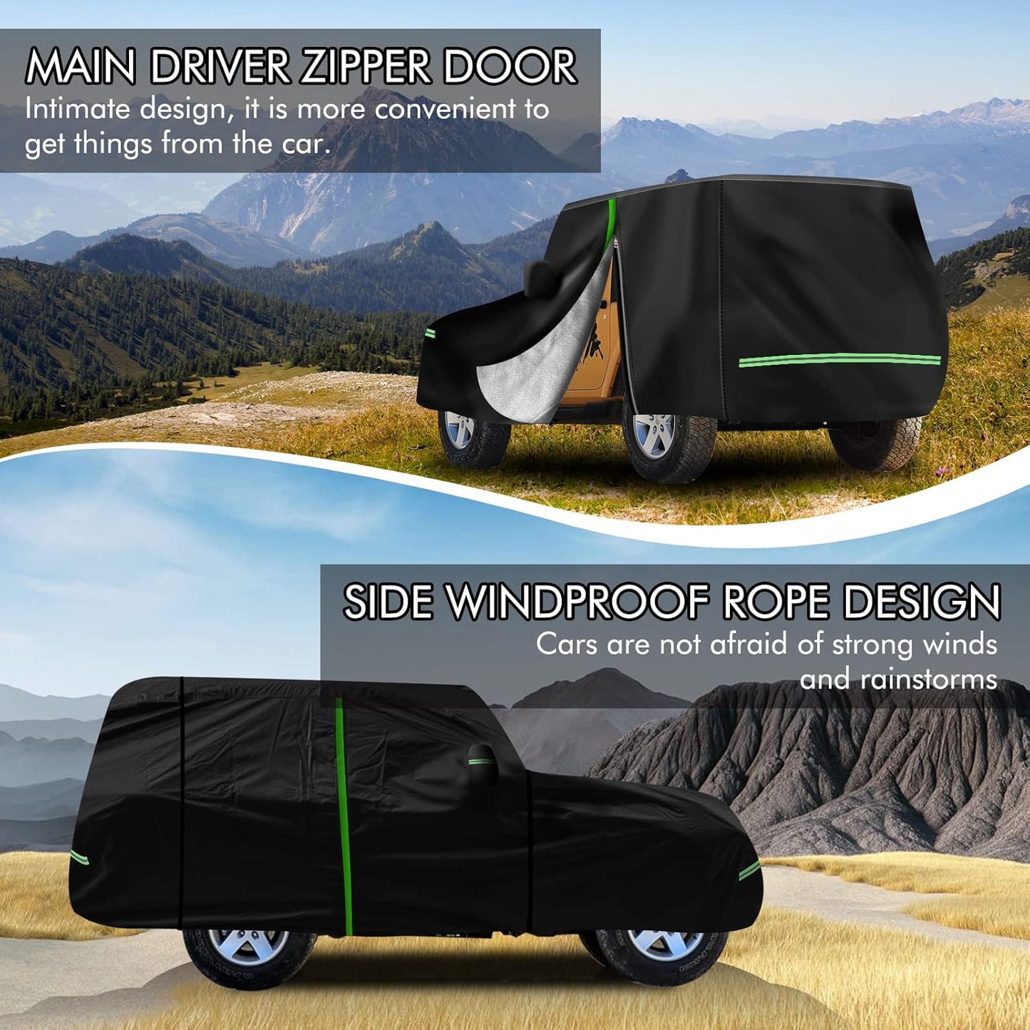 for 1987-2006 Jeep Wrangler 2 Doors 420D Cover Outdoor Waterproof UV Protection, for JK, JL, CJ, YJ, TJ, Full SUV Car Cover with Cotton Layer, 2 Zipper Door, Reflective Strip, Storage Bag