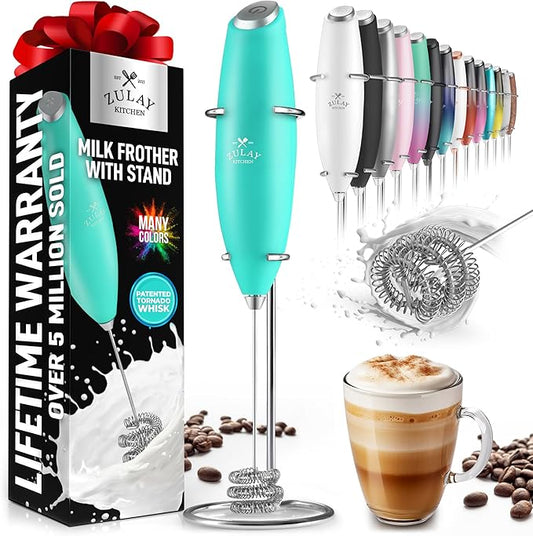 Zulay Kitchen Tornado Milk Frother Handheld Wand – Electric Coffee Frother with Triple Whisk & Stand – Hand Held Drink Mixer for Latte, Cappuccino, Matcha, Hot Chocolate, Protein Shakes – Aqua