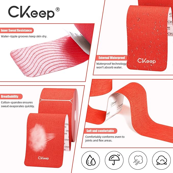 CKeep 4 Rolls Kinesiology Tape, Original Cotton Elastic Athletic Tape, 20 Precut 10" Strips Each, Red, Ideal for Muscle Support & Injury Prevention