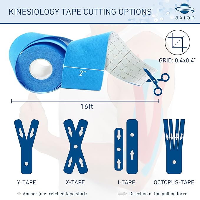 Kinesiology Tape Uncut | 2 Rolls of Athletic Sports Tape in Blue and Red | 16ft Length and 2'' Width per Roll | Waterproof • Skin-Friendly • Elastic | Ideal for Sports | axion