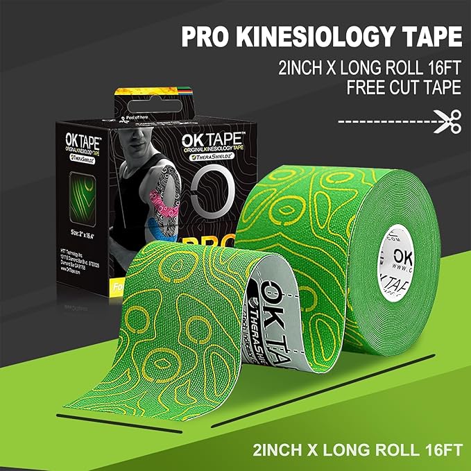 OK TAPE PRO Kinesiology Tape Uncut Roll, Elastic Physical Therapy Athletic Tape for Pain Relief, Muscle Support, Kinetic Tape, Water Resistant, 2in X 16.4ft -Green 2 Rolls