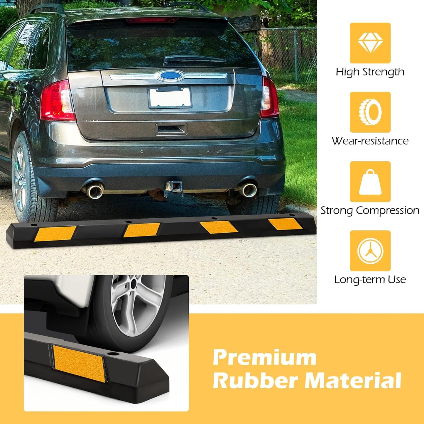 Rubber Parking Curb Garage Floor Stopper, 72" Heavy Duty Parking Lot Stopper with Yellow Reflective Stripes, Guide Wheel Stopper for Car, Truck, RV, Trailer, Driveway (6 Pack)