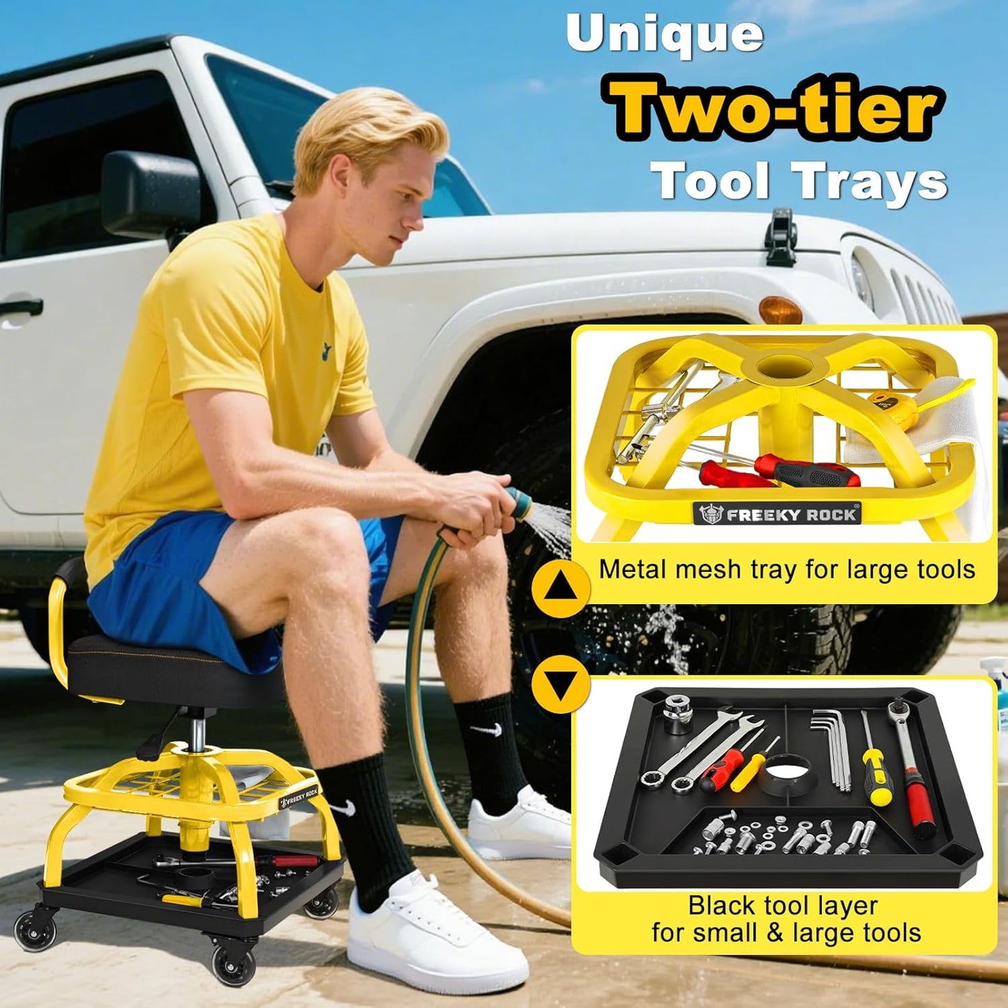 Rolling Shop Stool with Wheels, Garage Mechanic Shop Chair with Handle Backrest, Adjustable Height Work Stool, Roller Seat with Tool Tray Storage, Heavy Duty, 330 LBS Capacity, Yellow