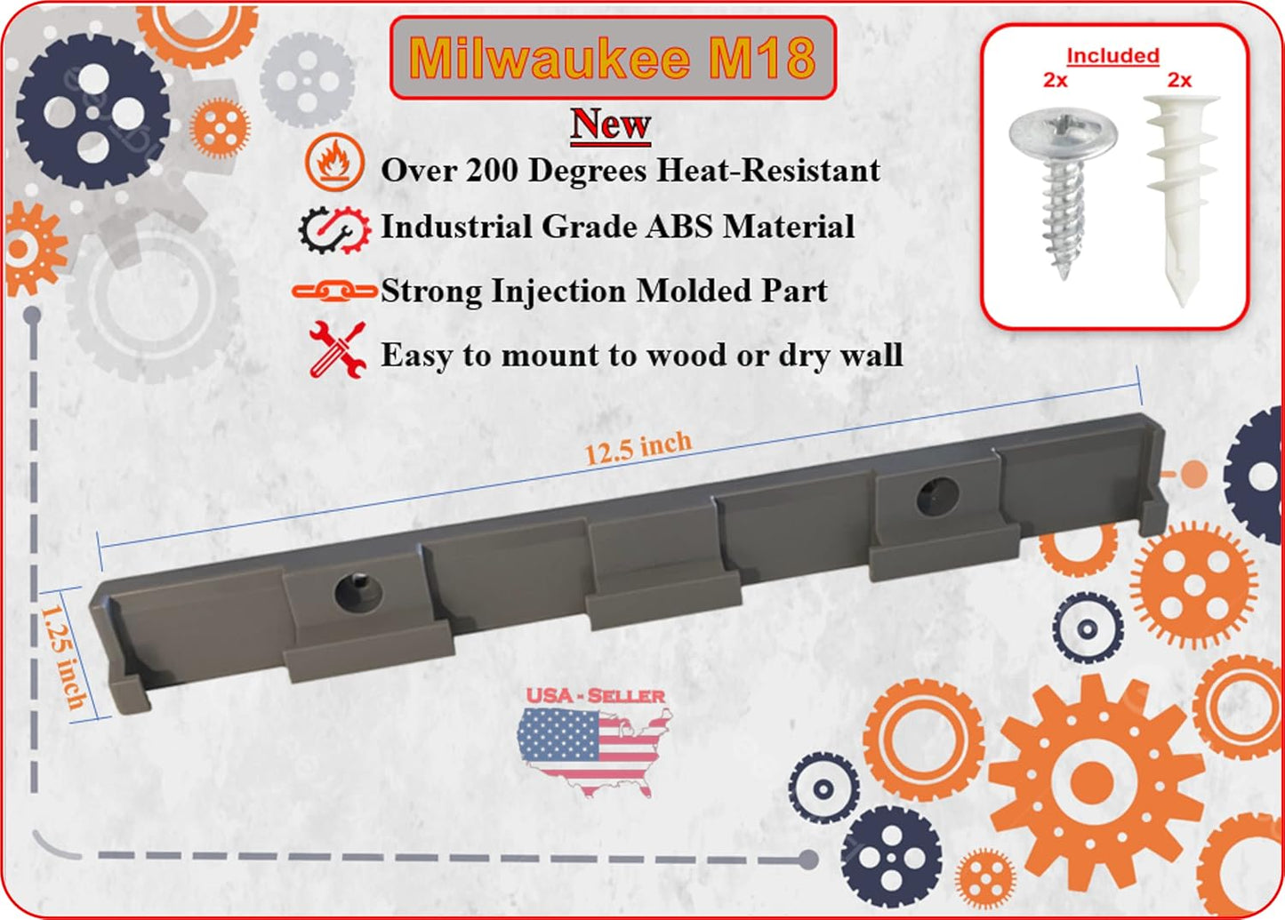 Milwaukee M18 Battery Holder | 4x 18V Battery Storage | Wall Mount | Grey ABS | 0.75 x 1.5 x 12" | Heat Resistant | USA