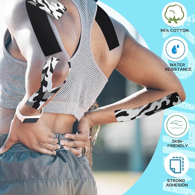 2 Rolls Kinesiology Tape, Waterproof Kinetic Tape 1.97 in x 16.4 ft, Uncut Cotton Elastic Athletic Strips for Knee, Shoulder, Ankle, Muscle Support (Black and Black Camouflage)