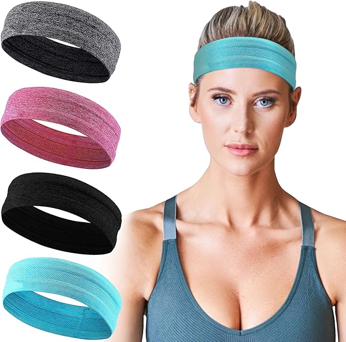 Sweat Bands Headbands for Women, Workout Headbands for Women, Moisture Wicking for Womens Sports Headband, All Hair Style and Head Size, Cool Feel, Quickly Dry (4PCS)