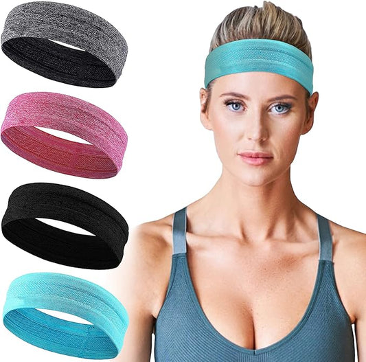 Sweat Bands Headbands for Women, Workout Headbands for Women, Moisture Wicking for Womens Sports Headband, All Hair Style and Head Size, Cool Feel, Quickly Dry (4PCS)