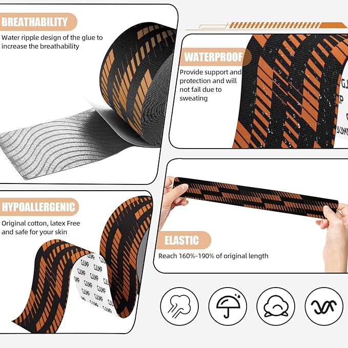 Kinesiology Tape, 2 Rolls Hypoallergenic Athletic Tape for Muscle Strain Relief & Joint Support, Waterproof & Breathable Sports Tape for Pain Relief, 2in x 16ft Uncut Roll-Stripe