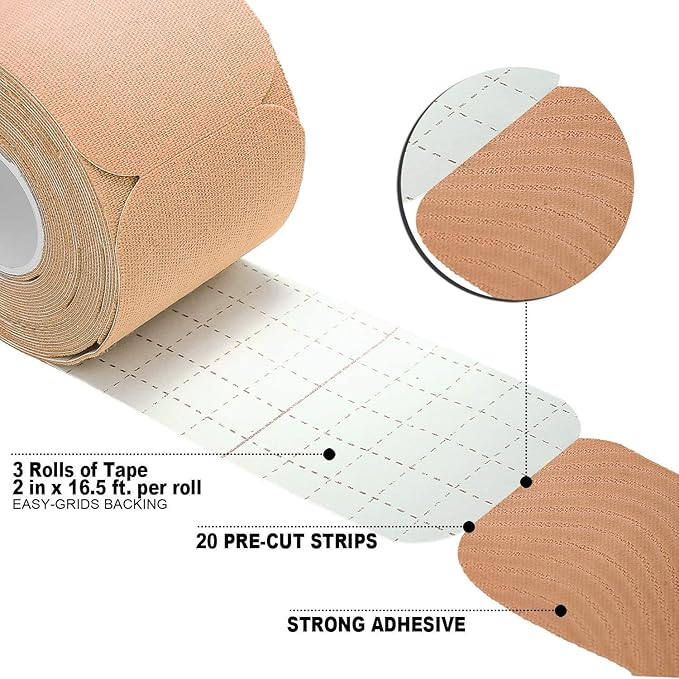 Kinesiology Tape Athletic Pro Sports - 3 Rolls, 60 Precut Strips, Latex-Free, for Muscle Support, Ankles, Wrists, Knees, Running, Tennis, Swimming. Stays Secure for Several Days