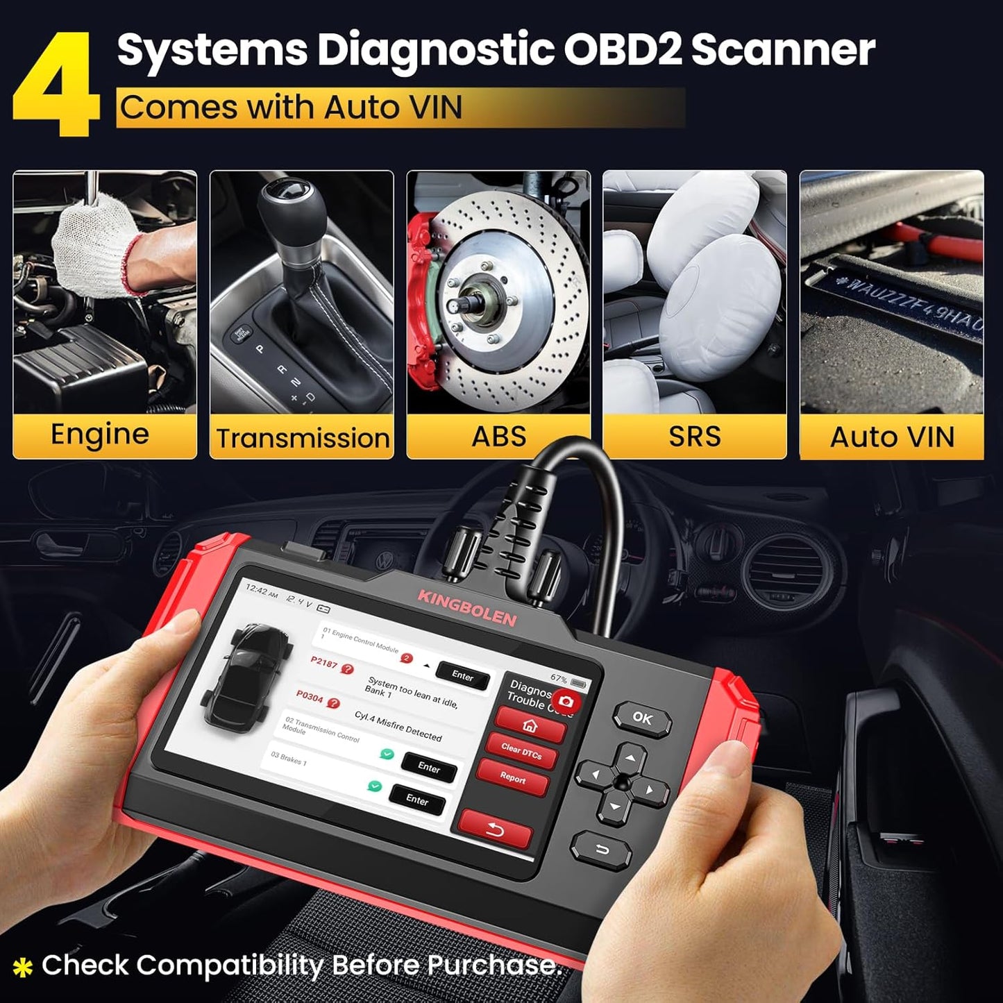 KINGBOLEN S600 OBD2 Car Scanner,ECM/TCM/SRS/ABS Code Reader with 10 Reset,Automotive Engine Scan Tool with OIL TPMS Brake Bleed ETS SAS Throttle Reset,AutoVIN Car Diagnostic Tools,Lifetime Free Update