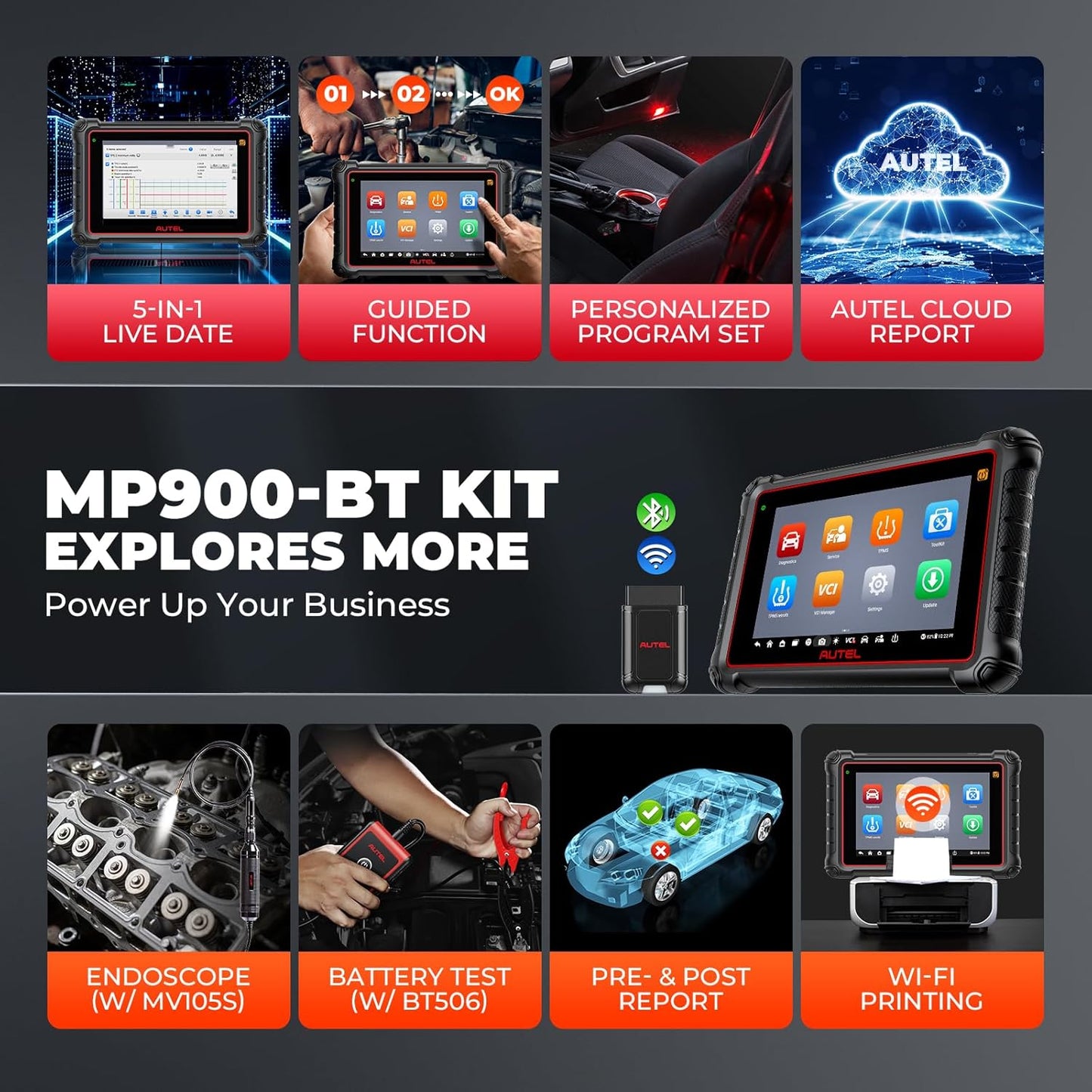 Autel MaxiPRO MP900-BT KIT Scanner: 2025 Level-up of MP900Z-BT, MP808BT Pro, MP808BT KIT with DoIP CAN-FD, 40+ Services, OE ECU Coding, 11 PCS OBD1 Cables, Bi-Directional, 150+ Makes, FCA Renault SGW