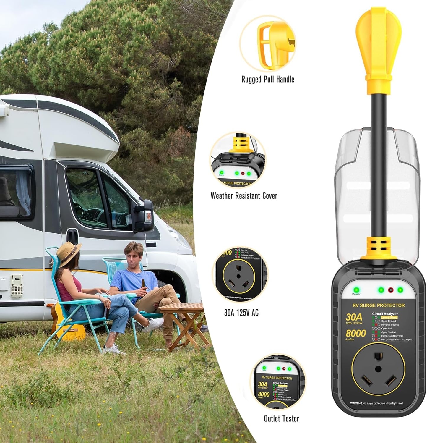 GEARGO RV Surge Protectors 30 Amp RV Circuit Analyzer, [2025 New Upgraded], IP68 Surge Voltage Protection, RV Adapter Plug for Camper(Yellow)
