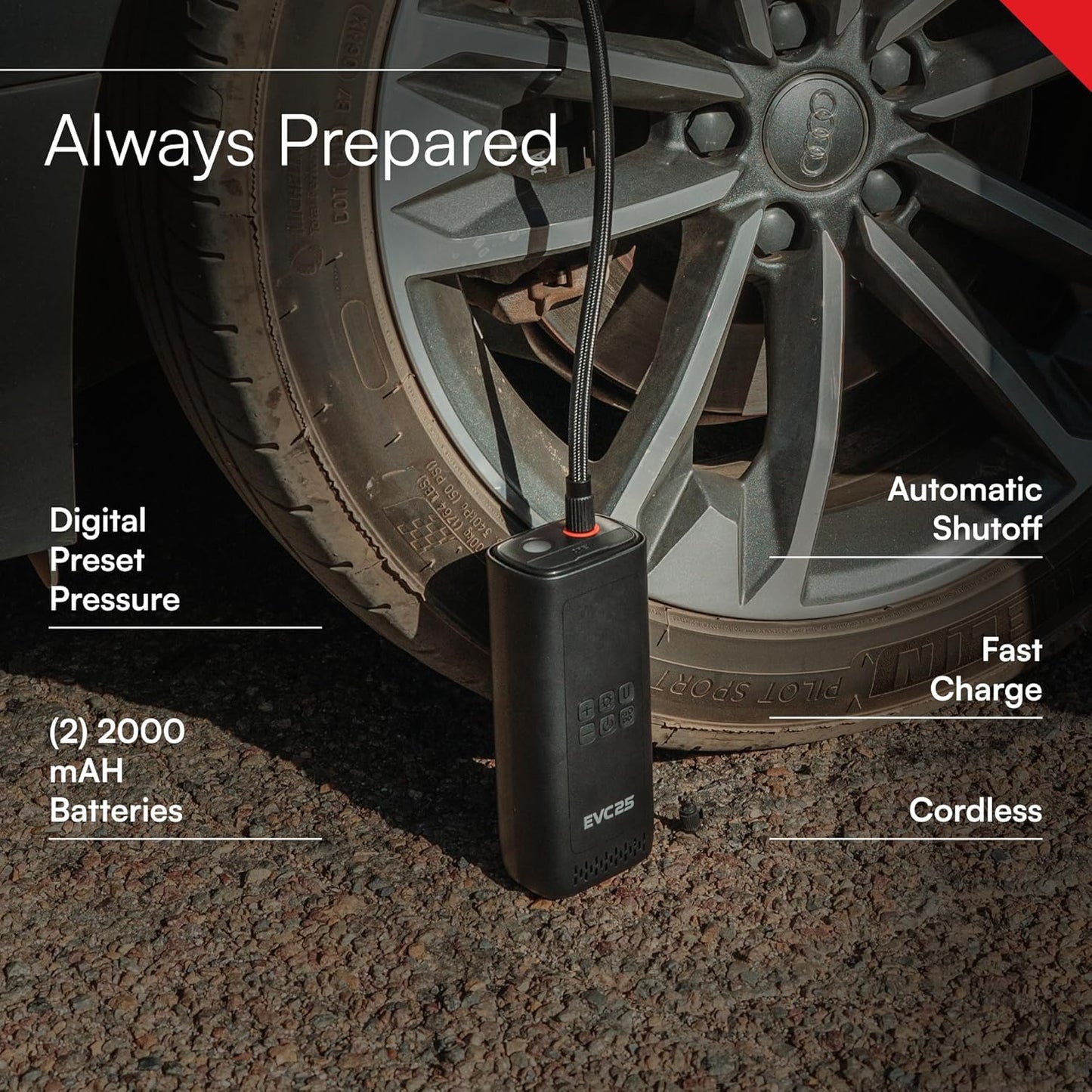 Viair Every Vehicle Carry EVC25 - rechargeable, portable compressor - LED gauge w/preset - Tire Inflator ideal for compact & mid-size cars, LT trucks, E-bikes, motorcycles & Inflatables