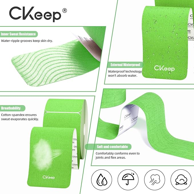 CKeep 4 Rolls Kinesiology Tape, Original Cotton Elastic Athletic Tape, 20 Precut 10" Strips Each, Green, Ideal for Muscle Support & Injury Prevention