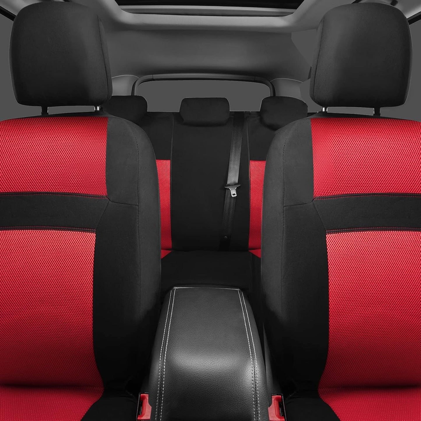 CAR PASS 3D Air Mesh Car Seat Covers Full Sets w/5mm Sponge, 4Pcs Waterproof Car Floor Mats, Steering Wheel Cover Universal Fit for SUV Sedan Truck, Airbag Compatible Automotive Interior(Black & red)