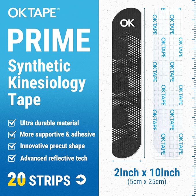 OK TAPE Synthetic Kinesiology Tape, 20 Strips, Precut K Tape, Performance Elastic Athletic Tape for Pain Relief & Muscle Support, Reflective Design, Waterproof, 2" x 10" -Black