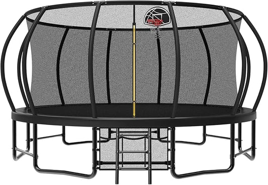 10 12 14 15 16FT Outdoor Trampolines for Kids and Adults, Pumpkin Trampoline with Curved Poles, Recreational Trampoline with Basketball Hoop and Safety Enclosure Net for Kids and Adults