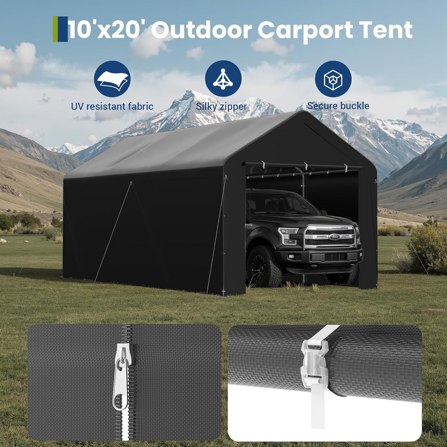 GOJOOASIS 10x20 Carport Heavy Duty Portable Garage Shelter Metal Car Canopy Tent with UV-Resistant & Weatherproof Top Cover for RV & Vehicles (Black, 10x20 with sidewalls)