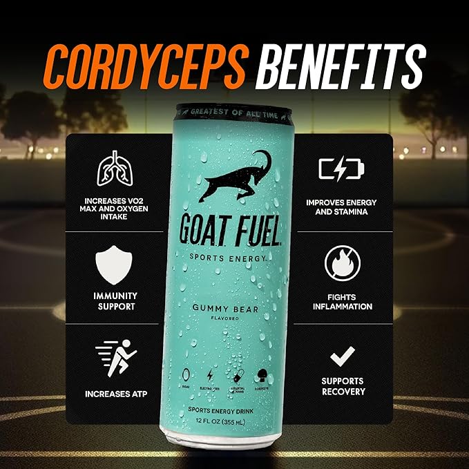 G.O.A.T. Fuel Energy Drink, Co-Founded by Jerry Rice, Natural Caffeine, Electrolytes, BCAAs, Cordyceps Mushrooms & Antioxidants, Light Carbonation Pre Workout, 12 Pack, 12 FL Oz, Gummy Bear