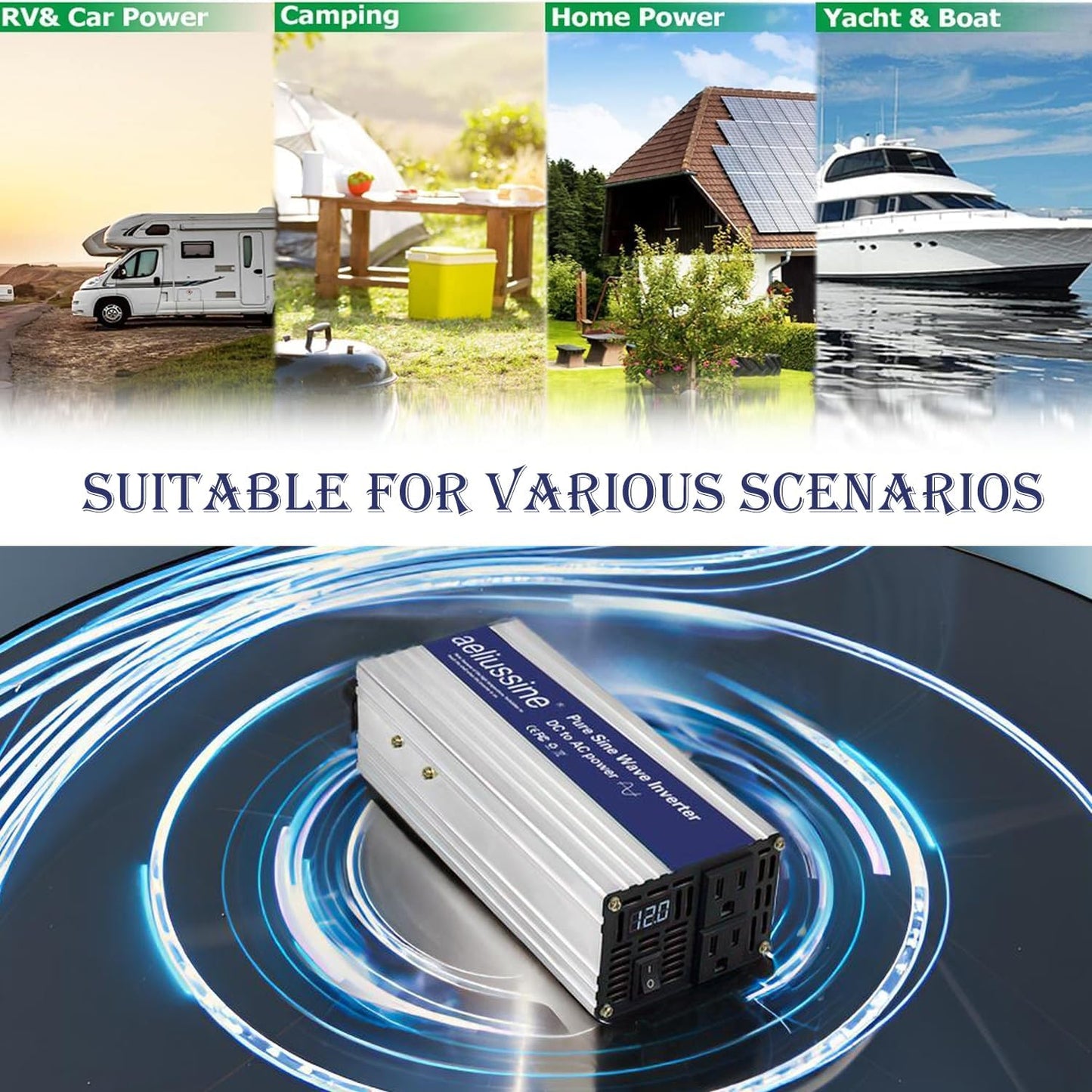 800W Pure Sine Wave Inverter-12V DC to 110V 120V AC Power Converter with 2 AC Outlets, 12 Volt Power Inverter for Truck, Rv, Camping, Home, Emergency Power