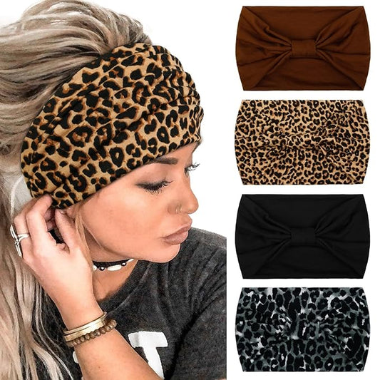 Wide Headbands for Women Black Stylish Head Wraps Boho Thick Hairbands Large African Leopard Printed Sport Yoga Turban Headband Hair Accessories (Pack of 4)