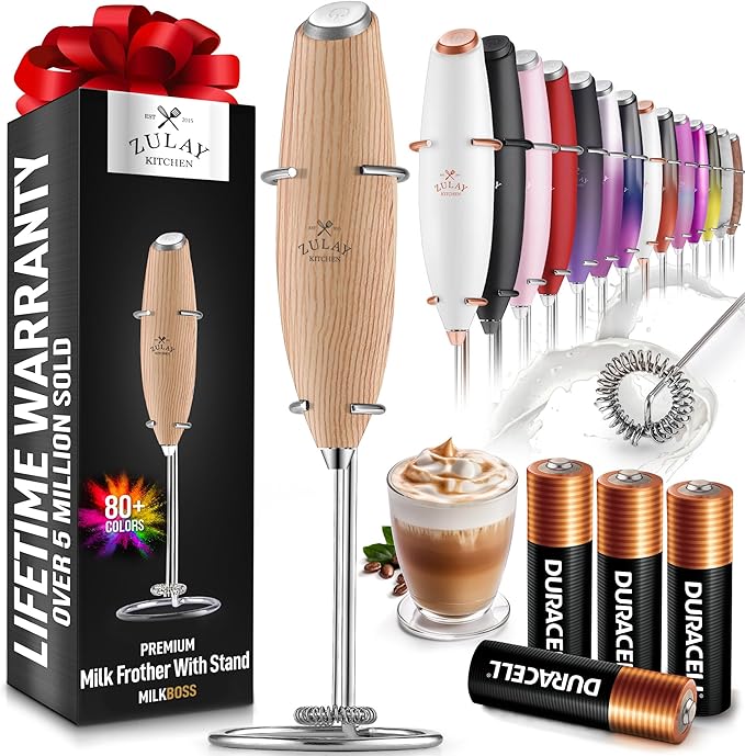 Zulay Powerful Milk Frother (4 Duracell Batteries Included) - Handheld Milk Frother Wand Drink Mixer for Coffee - Powerful Milk Foamer for Cappuccino, Frappe, Matcha & Coffee Creamer - Maple