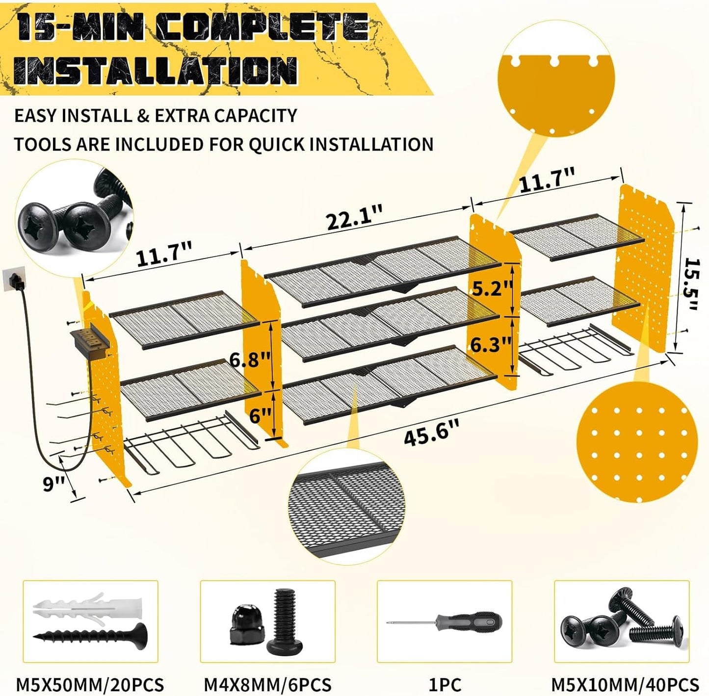 45" Large Power Tool Organizer Wall Mount with Charging Station - 3 Layer Storage Racks with 8 Cordless Drill Holder, 4 Hooks, Heavy Duty Garage Tool Organizer Storage for Workshop Pegboard Basement