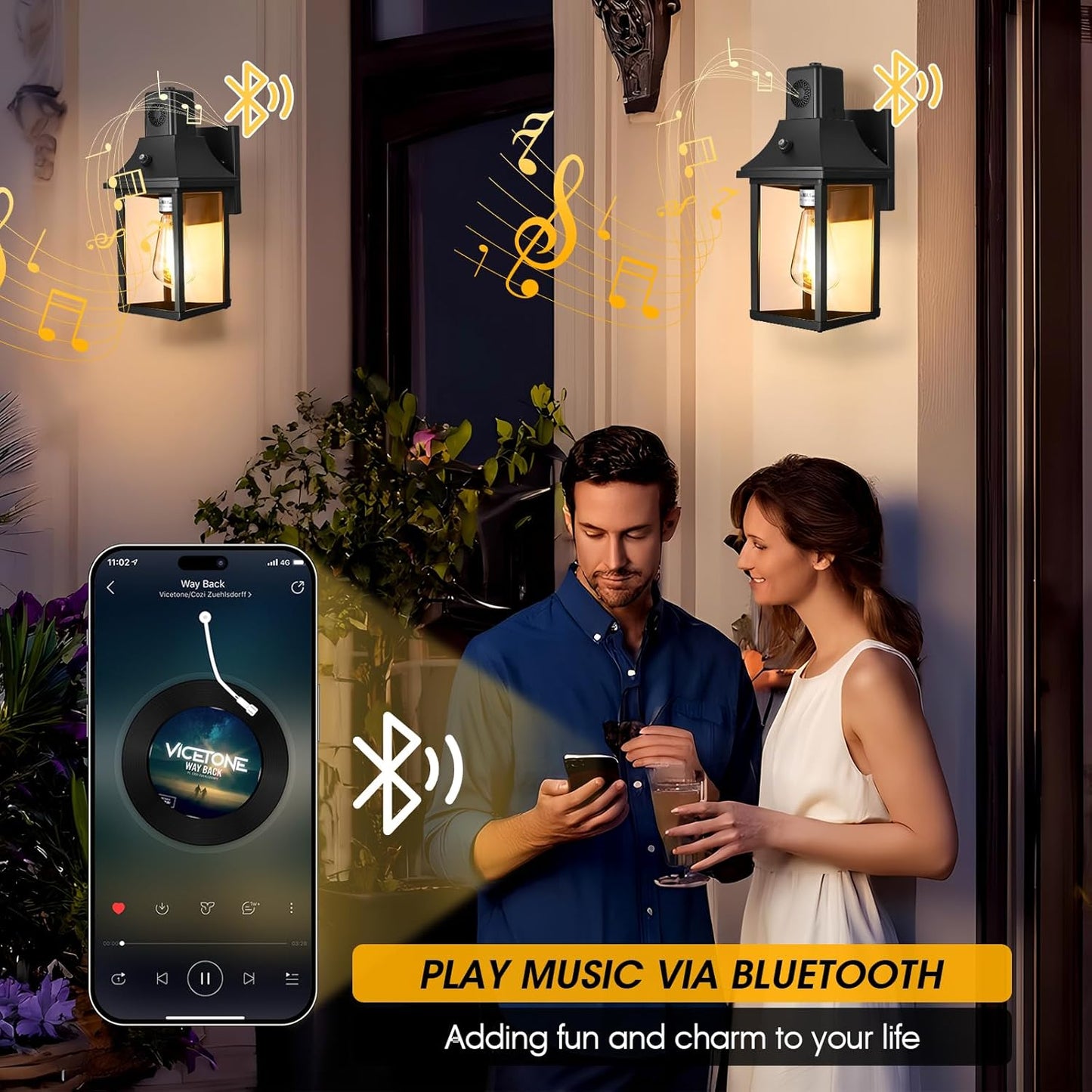 2PACK Bluetooth Speaker Outdoor Wall Lights - Porch Lights Outdoor with Dusk to Dawn Sensor, Waterproof Exterior Lighting Fixtures for House, Garage, Front Door, E26, Black