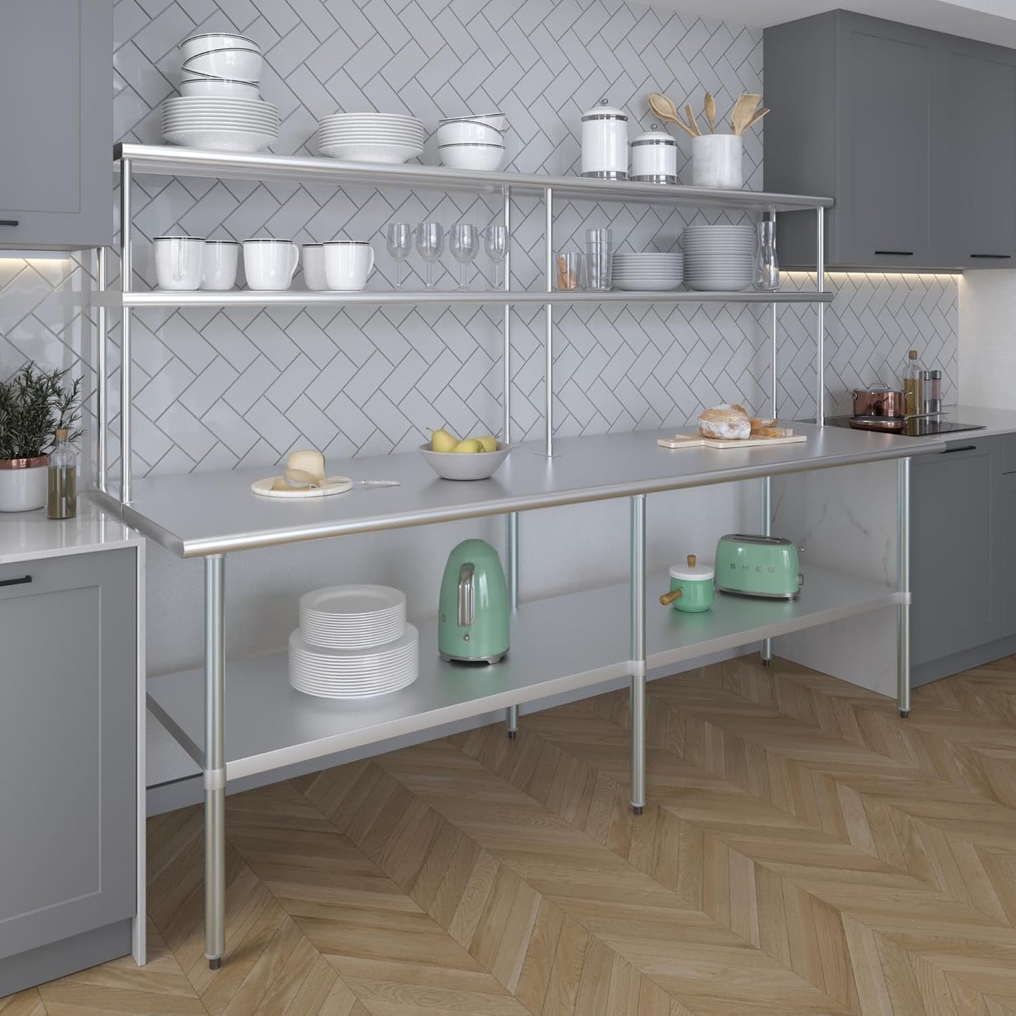 Amgood Stainless Steel Work Table Double Tier Overshelf | Metal Kitchen Prep Table & Shelving Combo (30" x 96" Work Table + 12" Overshelf)