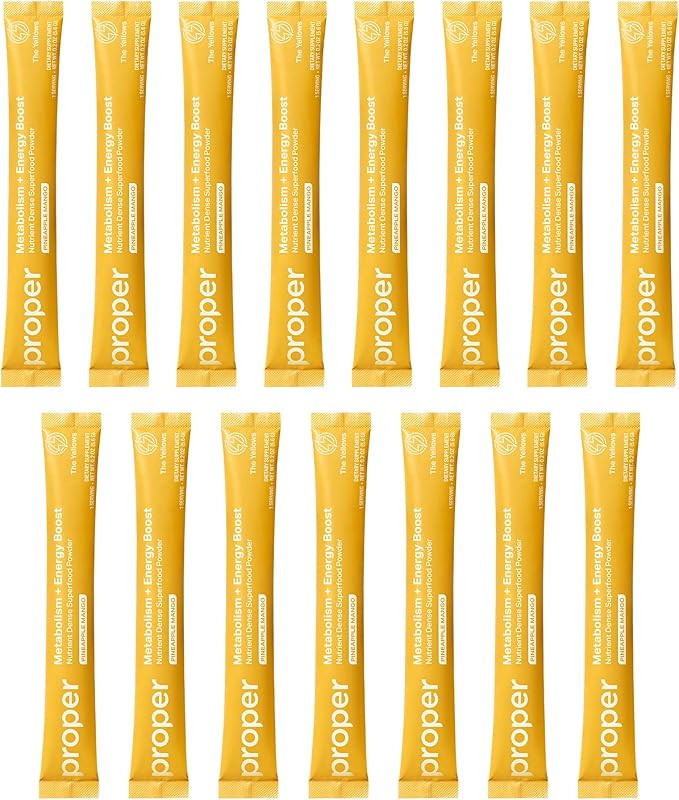 Proper, The Yellows Metabolism and Energy Boost, Sugar Free Energy Drink Powder with 100mg Caffeine. No Creatine or Beta-Alanine. 15 Servings, Pineapple Mango Drink Mix for Men and Women