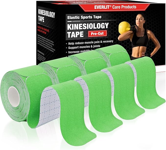 EVERLIT [4-Pack] Pre-Cut Elastic Cotton Kinesiology Therapeutic Athletic Sports Tape, for Pain Relief and Support, 80 Precut 10” Strips (Lime Green)