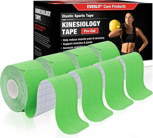 EVERLIT [4-Pack] Pre-Cut Elastic Cotton Kinesiology Therapeutic Athletic Sports Tape, for Pain Relief and Support, 80 Precut 10” Strips (Lime Green)