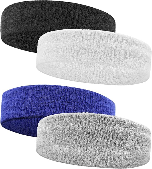 4 Pack Sweatbands Sports Headband for Men and Women, Moisture Wicking Athletic Workout Headband for Running, Tennis, Basketball, Yoga, Gym Stretchy Unisex Sweatband