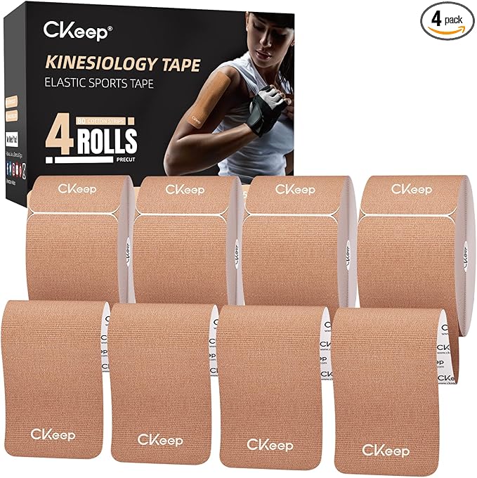 CKeep 4 Rolls Kinesiology Tape, Original Cotton Elastic Athletic Tape, 20 Precut 10" Strips Each, Beige, Ideal for Muscle Support & Injury Prevention