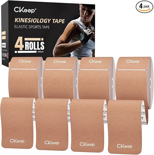 CKeep 4 Rolls Kinesiology Tape, Original Cotton Elastic Athletic Tape, 20 Precut 10" Strips Each, Beige, Ideal for Muscle Support & Injury Prevention