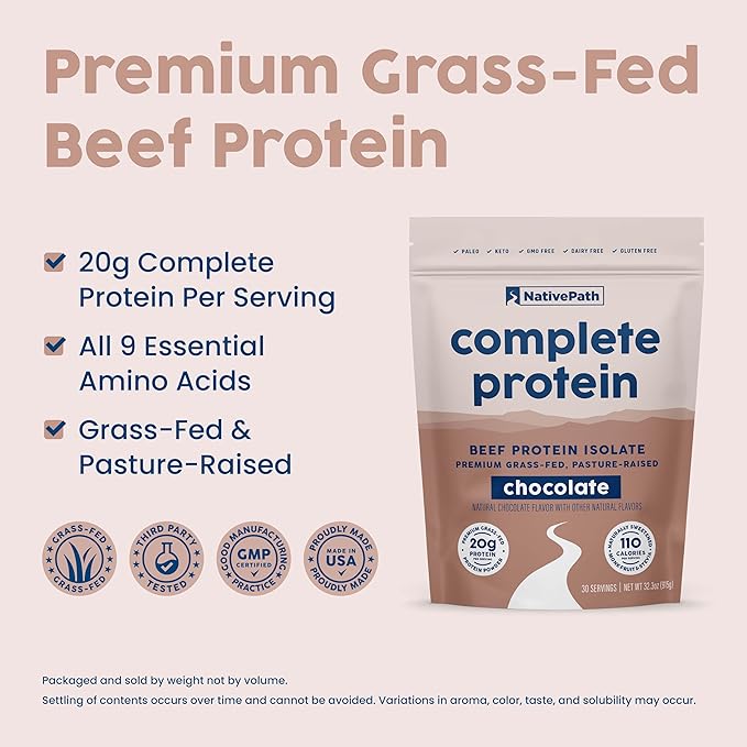 NativePath Complete Beef Protein Powder Isolate – Grass-Fed, Pasture-Raised, Dairy & Lactose Free, Gluten Free, Zero Sugar, MCTs & Amino Acids – 20g Protein, Chocolate Flavor, 30 Servings